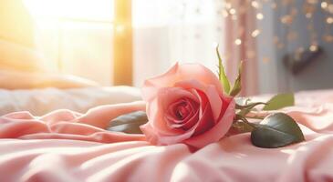 AI generated a bed with a pink rose on top of petal photo