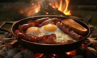 AI generated eggs, bacon, ham, sausage photo