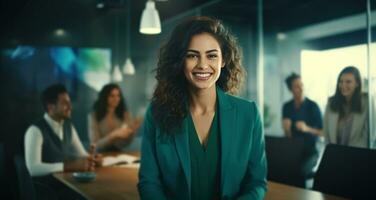 AI generated business woman smiling in office with others around her photo