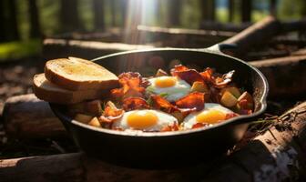 AI generated a pan with bacon in the food and some bread on it photo