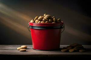AI generated a red bucket filled with peanuts on a wooden table photo