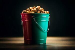 AI generated a bucket full of peanuts on a dark background photo