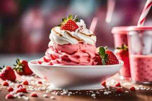 AI generated a strawberry ice cream with whipped cream and strawberries photo