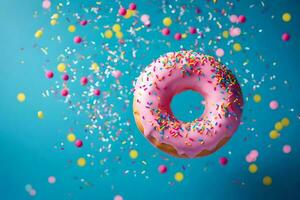 AI generated a pink donut with sprinkles on a blue background photo
