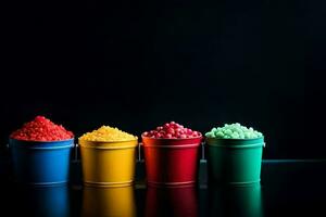 AI generated a row of colorful buckets with different colored candy photo