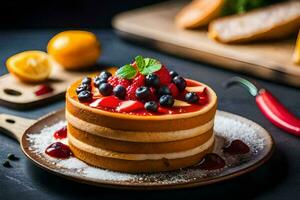 AI generated a stack of pancakes with berries and lemon photo
