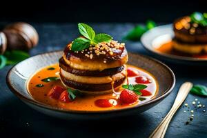 AI generated a plate of food with a stack of pancakes photo