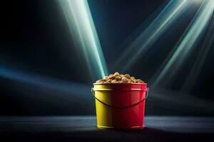 a bucket filled with peanuts on a dark background. AI-Generated photo