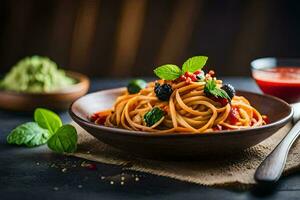 spaghetti with tomato sauce and basil leaves in a bowl. AI-Generated photo