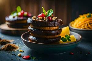 AI generated a stack of pancakes with chocolate sauce and berries photo