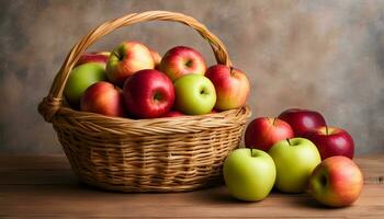 ai generado un cesta lleno de manzanas en un de madera mesa foto