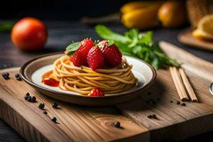 spaghetti with strawberries and tomatoes on a wooden table. AI-Generated photo