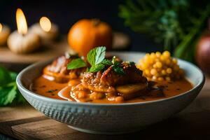 a bowl of soup with meat and vegetables on a wooden table. AI-Generated photo