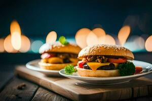 two hamburgers on a wooden table with a fire in the background. AI-Generated photo