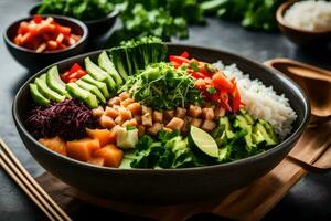 AI generated a bowl of asian food with rice, vegetables and other ingredients photo