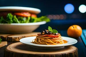 ai generado espaguetis con tomate y albahaca en un plato foto