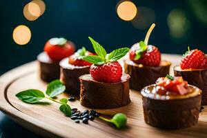 small desserts with strawberries and mint on a wooden board. AI-Generated photo