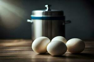four eggs sit on a table next to a pot. AI-Generated photo