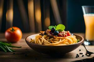 spaghetti with tomato, basil and bacon in a bowl. AI-Generated photo