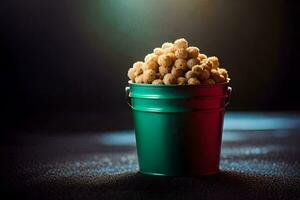 a bucket filled with peanuts on a dark background. AI-Generated photo