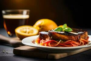 AI generated a plate of food with pasta and meat on it photo