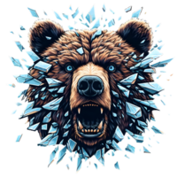 AI generated A ferocious bear's head emerged from the broken glass png