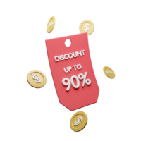 3d rendered promotional discount up to 90 percent tag illustration with coins on isolated background. Suitable for sales promotional events png