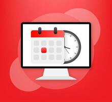 Vector Calendar and Clock Icon on red background. Vector illustration.