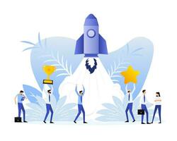 Poster with rocket people. Startup company launch concept, flat tiny person vector illustration