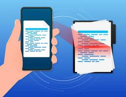 escanear documento teléfono inteligente texto escáner. móvil teléfono en mano. vector
