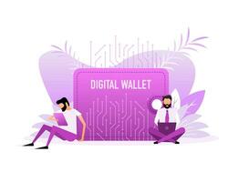 Flat illustration with digital wallet people.Bitcoin currency vector