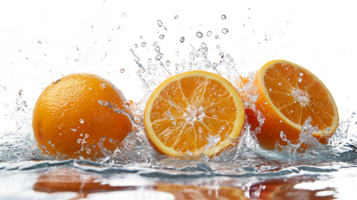 ai généré ensemble de Orange fruit avec éclaboussé eau, transparence Contexte png