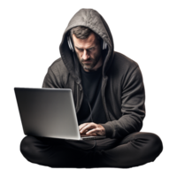 ai gerado hacker ou uma homem dentro moletom com capuz usando computador portátil isolado em transparente fundo png