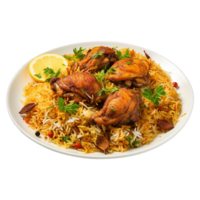 ai gegenereerd een bord van kip biryani met kip en specerijen Aan transparant achtergrond png