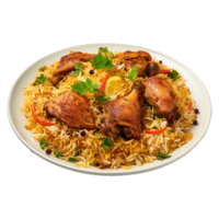 ai generiert ein Teller von Hähnchen Biryani mit Hähnchen und Gewürze auf transparent Hintergrund png