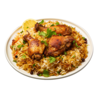 ai genererad en tallrik av kyckling biryani med kyckling och kryddor på transparent bakgrund png