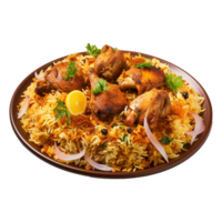 ai generiert ein Teller von Hähnchen Biryani mit Hähnchen und Gewürze auf transparent Hintergrund png