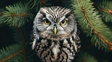 AI generated an owl is standing on a branch in a pine tree photo