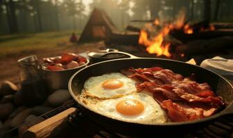 ai generado tocino y huevos es un clásico acampar comidas foto