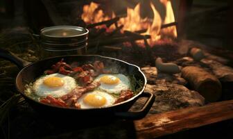 ai generado tocino y huevos es un clásico acampar comidas foto