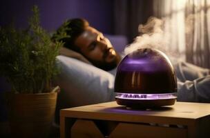 ai generado un hombre siestas con su humidificador en foto