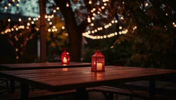 AI generated dining tables under a lights on a roof covered in trees photo