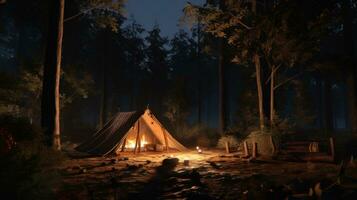 AI generated a glowing tent is set up in the woods at night with an iron ring photo