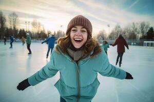 AI generated a young girl is hysterical and enjoying herself on ice rink with her family photo