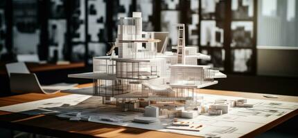 AI generated architecture models and paper on the desk photo