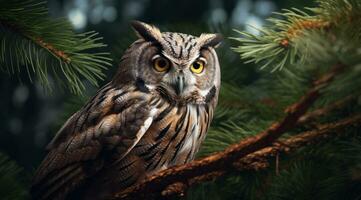 AI generated an owl is standing on a branch in a pine tree photo