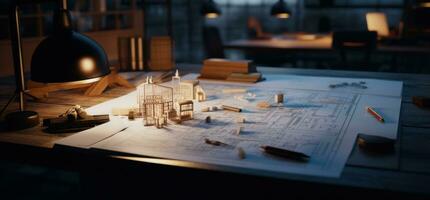 AI generated an architectural model and blueprints on a table with papers photo