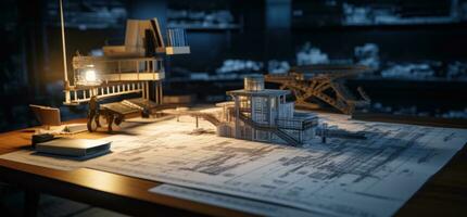 AI generated an architectural model and blueprints on a table with papers photo