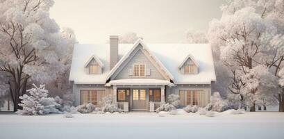 AI generated a house in winter covered with snow photo