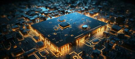 AI generated electronic circuit board with a world map in the dark photo